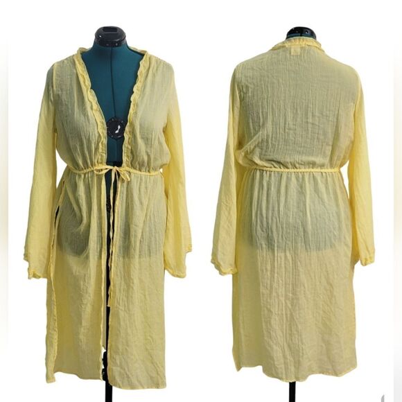 L.I.F.E. Swimsuit Coverup Front-tie Long Bell Sleeves Yellow Ruffle Neck Size XL - Picture 1 of 7